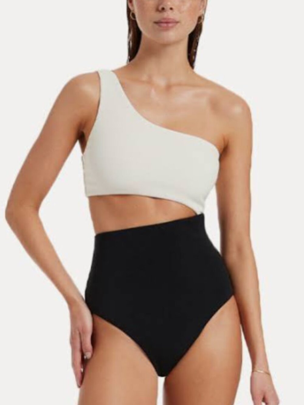 Anthropologie x JETS Versa Rib One Shoulder Black White Swimsuit Sz 12